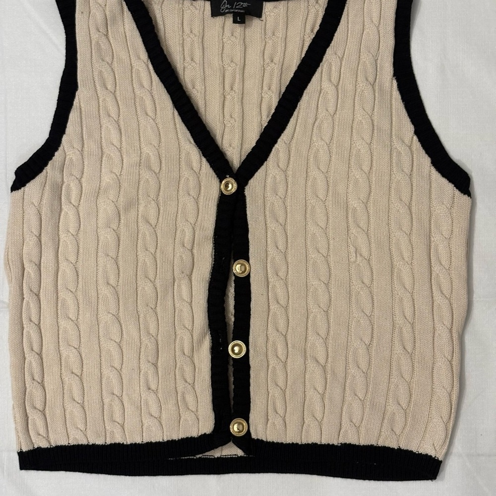 Black and Cream Cable Knit Sweater Vest